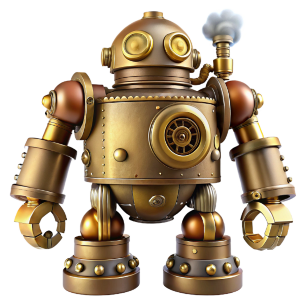 Steampunk Robot 3D Render Illustration Gold and Copper Mechanical Automaton png