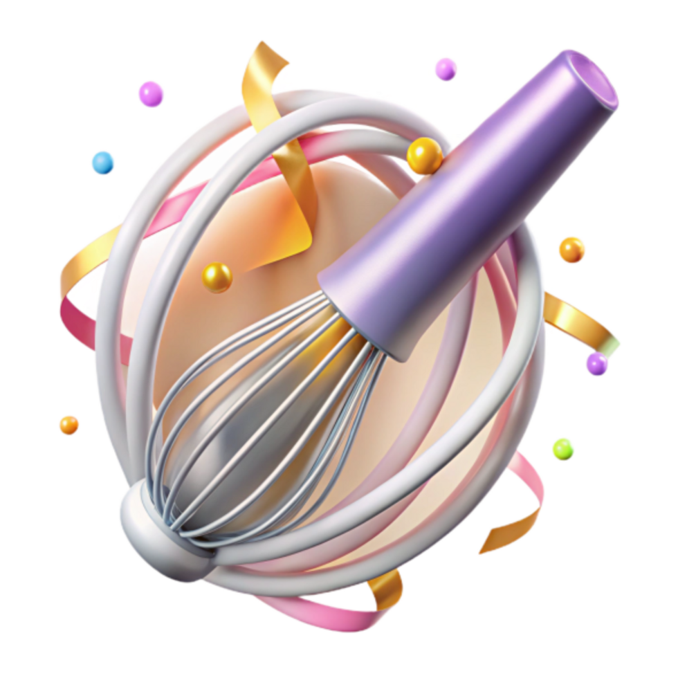 Whimsical 3D Render of a Whisk and Colorful Confetti png
