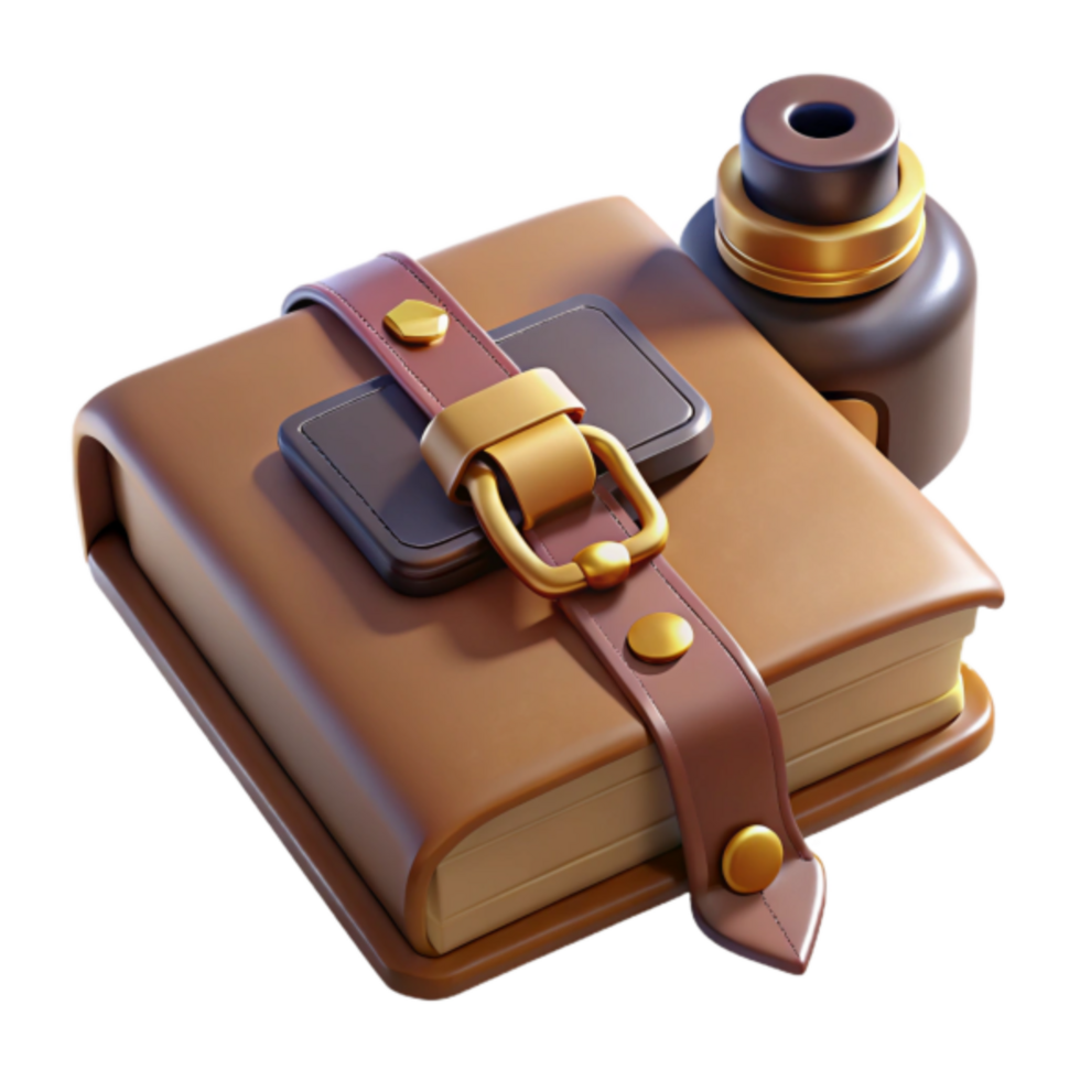 3D Render of a Leather-Bound Book with a Golden Buckle and Inkwell png