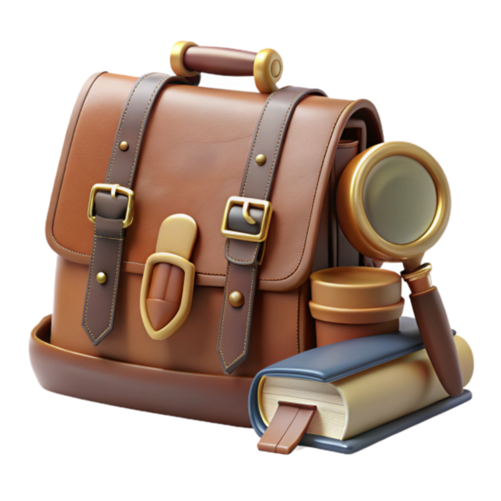 3D Render of Vintage Leather Briefcase with Book and Magnifying Glass png