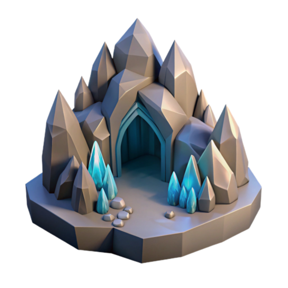 Crystalline Cave 3D Model Low Poly Game Asset with Ice Crystals and Mountain Scene png