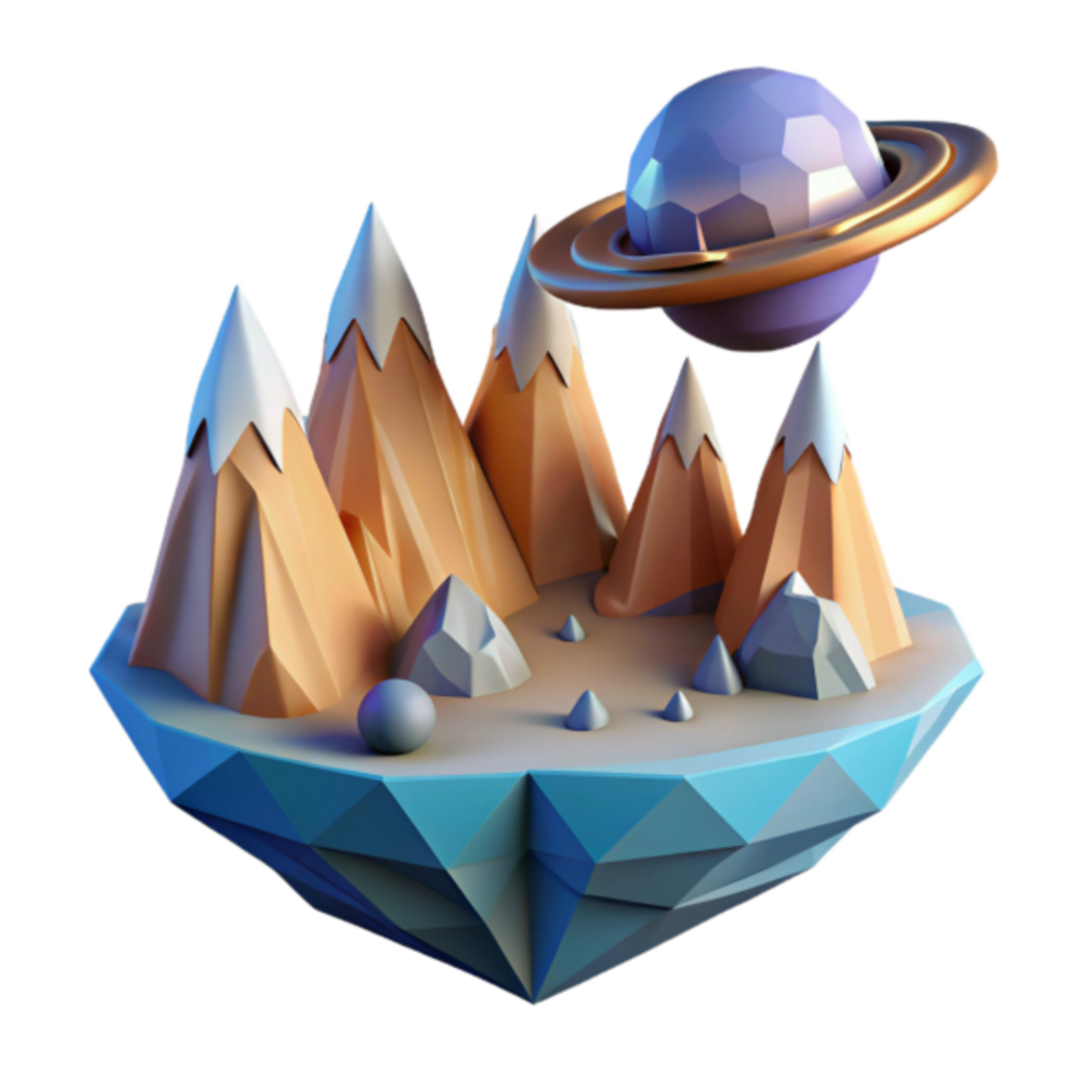 Low Poly 3D Render of a Fantasy Island with Mountains and Planet png
