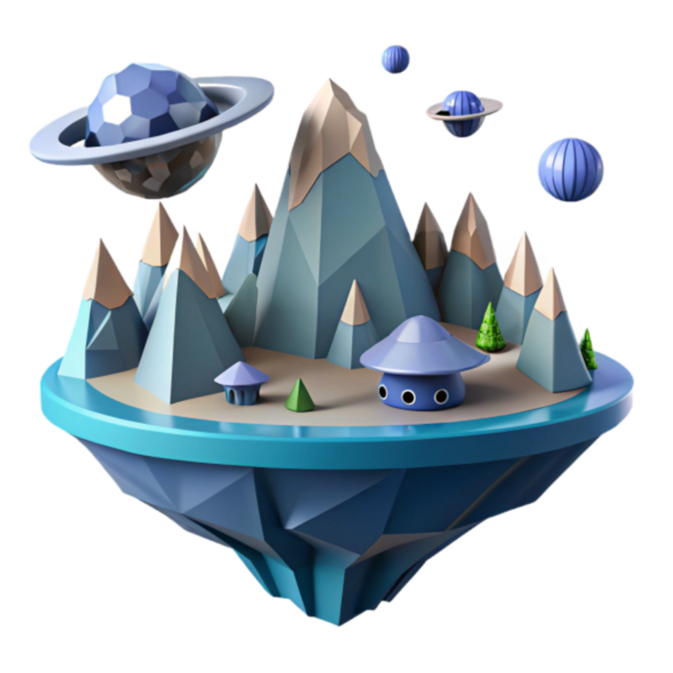 Floating Island 3D Render Low Poly Mountain Landscape with Space Elements png