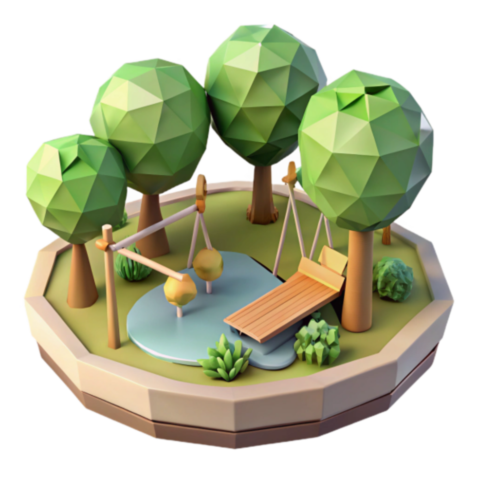 Low Poly 3D Model Playground Illustration Kids Play Area with Swings, Climbing Frame and Trees png