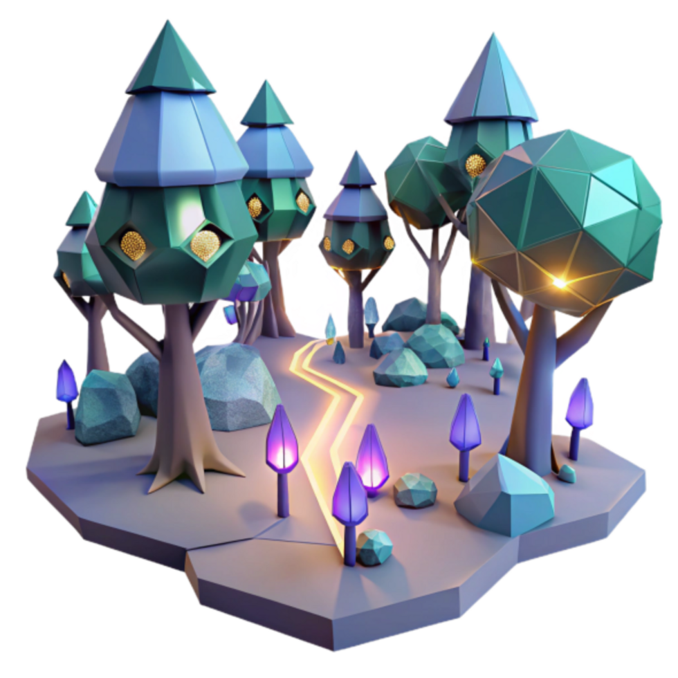 Enchanted Low-Poly Forest 3D Render Illustration png