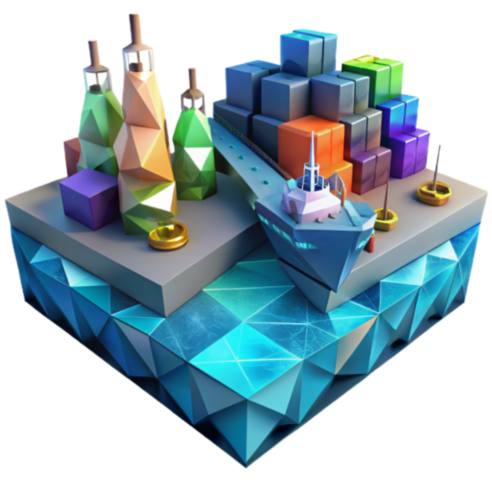 Low Poly 3D Render of Cargo Ship at Dock, Abstract Background Image png