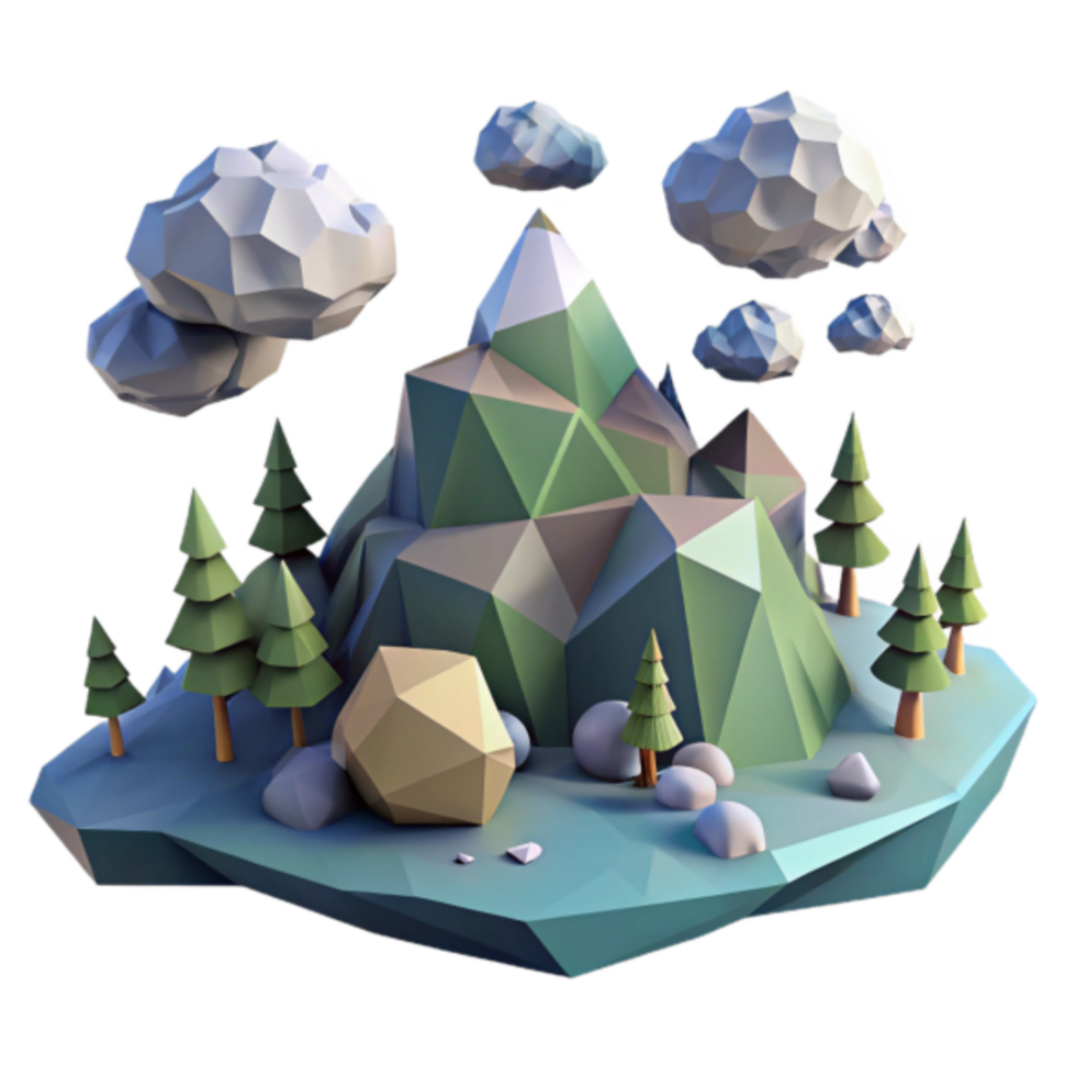 Low Poly Mountain Island 3D Render Illustration png