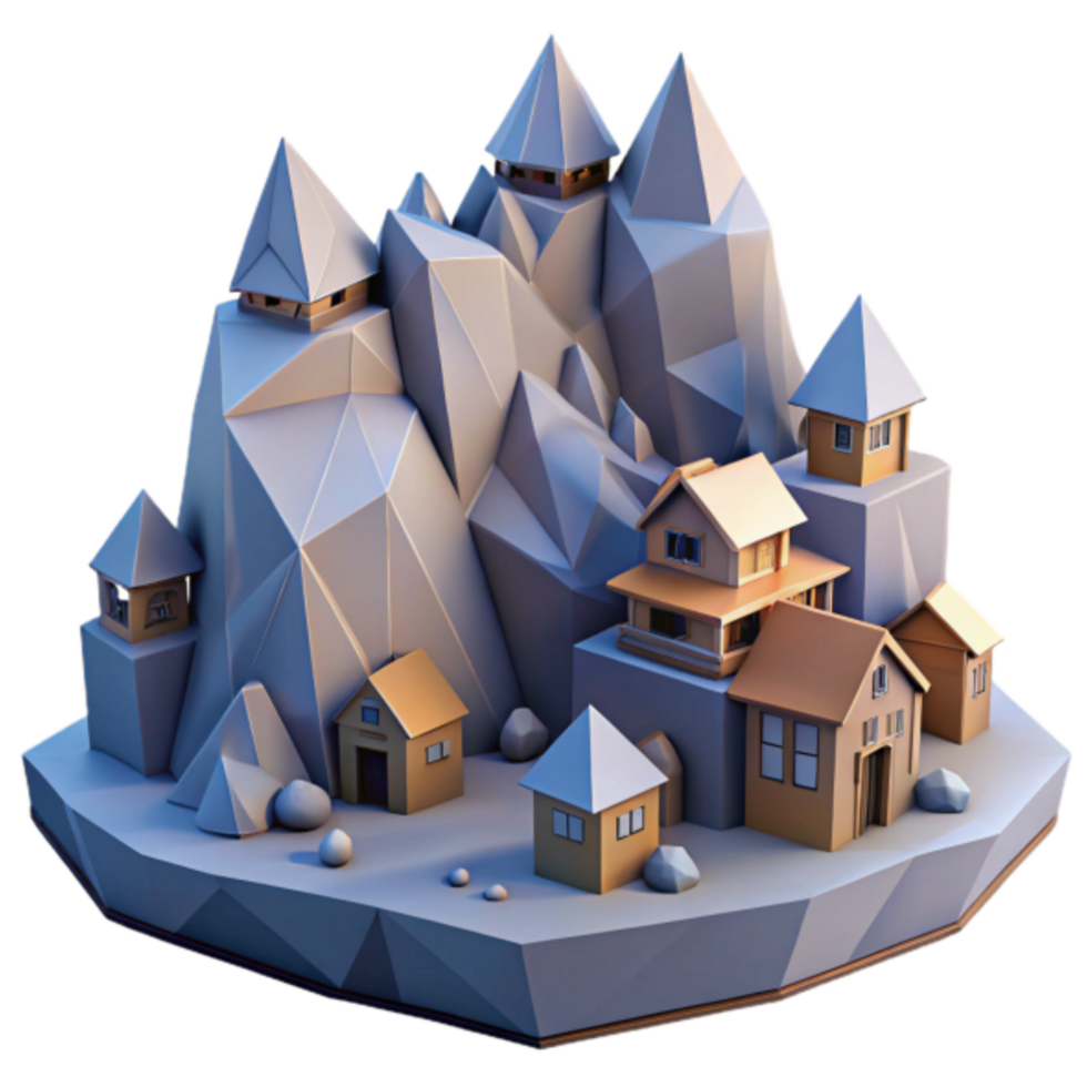 Low Poly Mountain Village 3D Render Illustration png