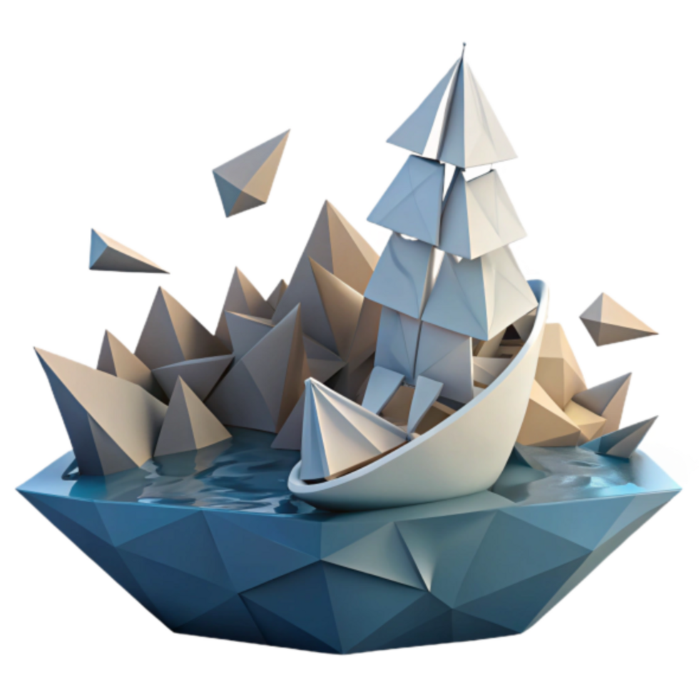 Abstract 3D Render of Origami Sailboat on Crystalline Island png