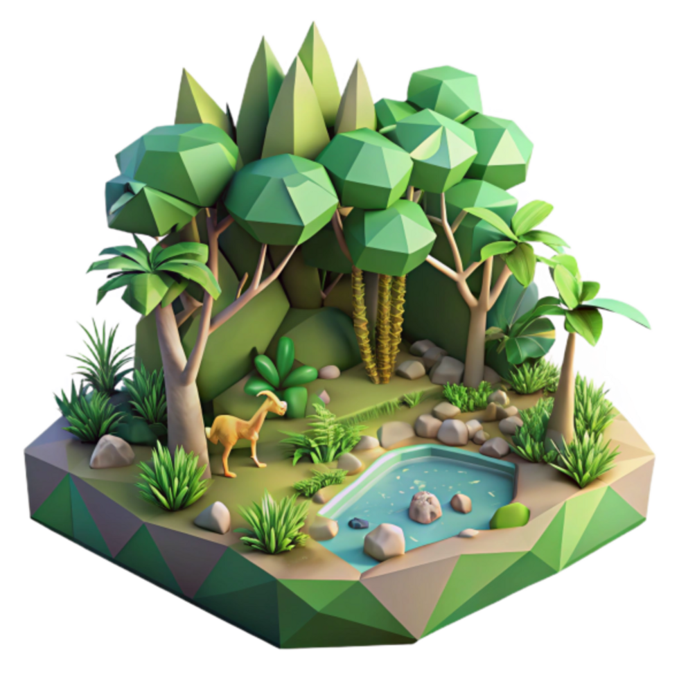 Low Poly 3D Render of a Tranquil Oasis Lush Jungle Scene with a Small Pond png