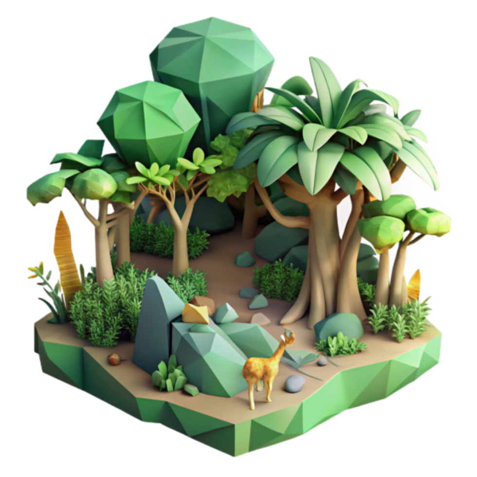 Low Poly 3D Render of a Tranquil Forest Scene with Deer png