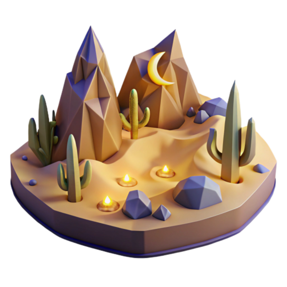 Nocturnal Desert Oasis Low-Poly 3D Render of a Serene Nighttime Desert Landscape png