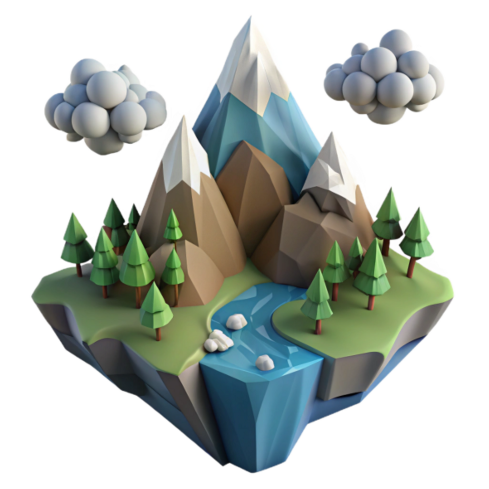 Low Poly 3D Mountain Landscape Illustration Floating Island Scene with River, Trees, and Clouds png