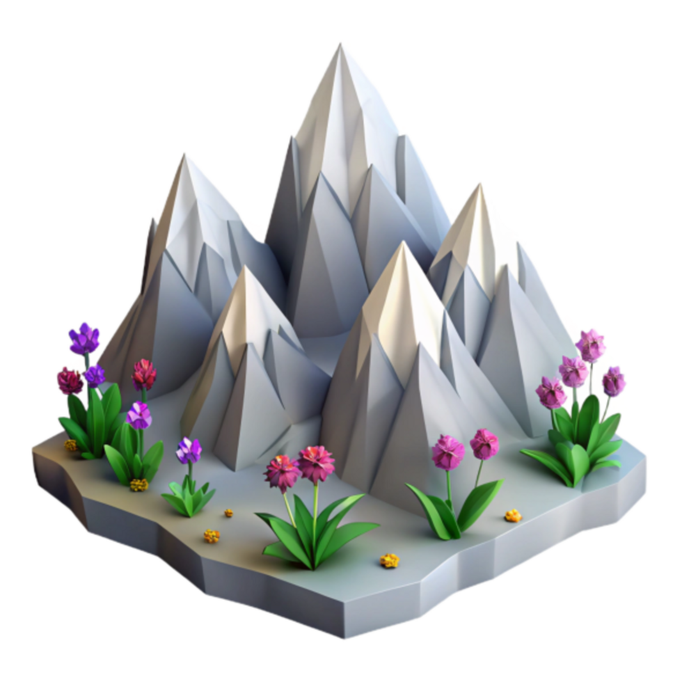 Low Poly Mountain Range with Vibrant Flowers 3D Illustration png