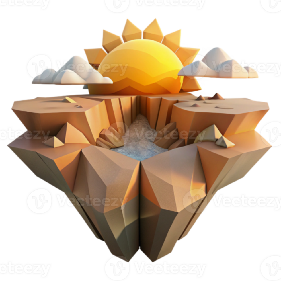 Low Poly Canyon Island Sunset 3D Render Illustration png