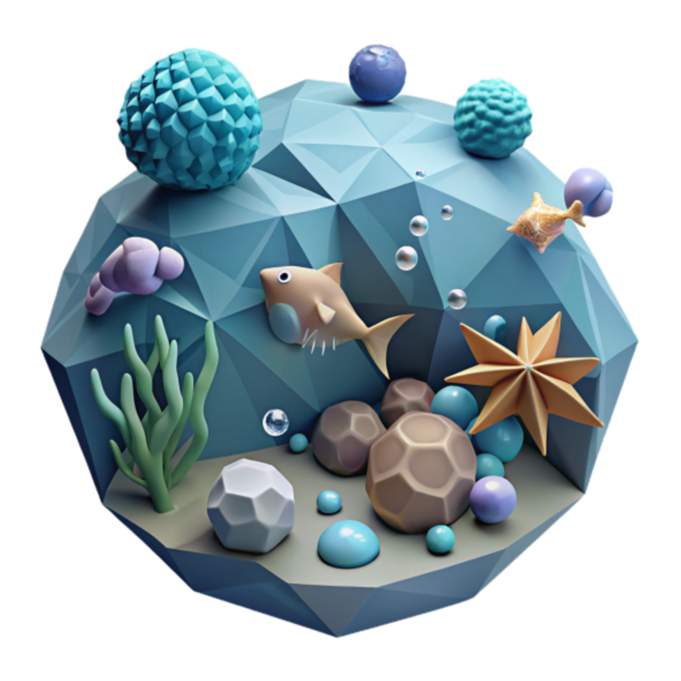 Low Poly 3D Ocean Scene Illustration Vibrant Underwater World with Fish, Coral, and Starfish png