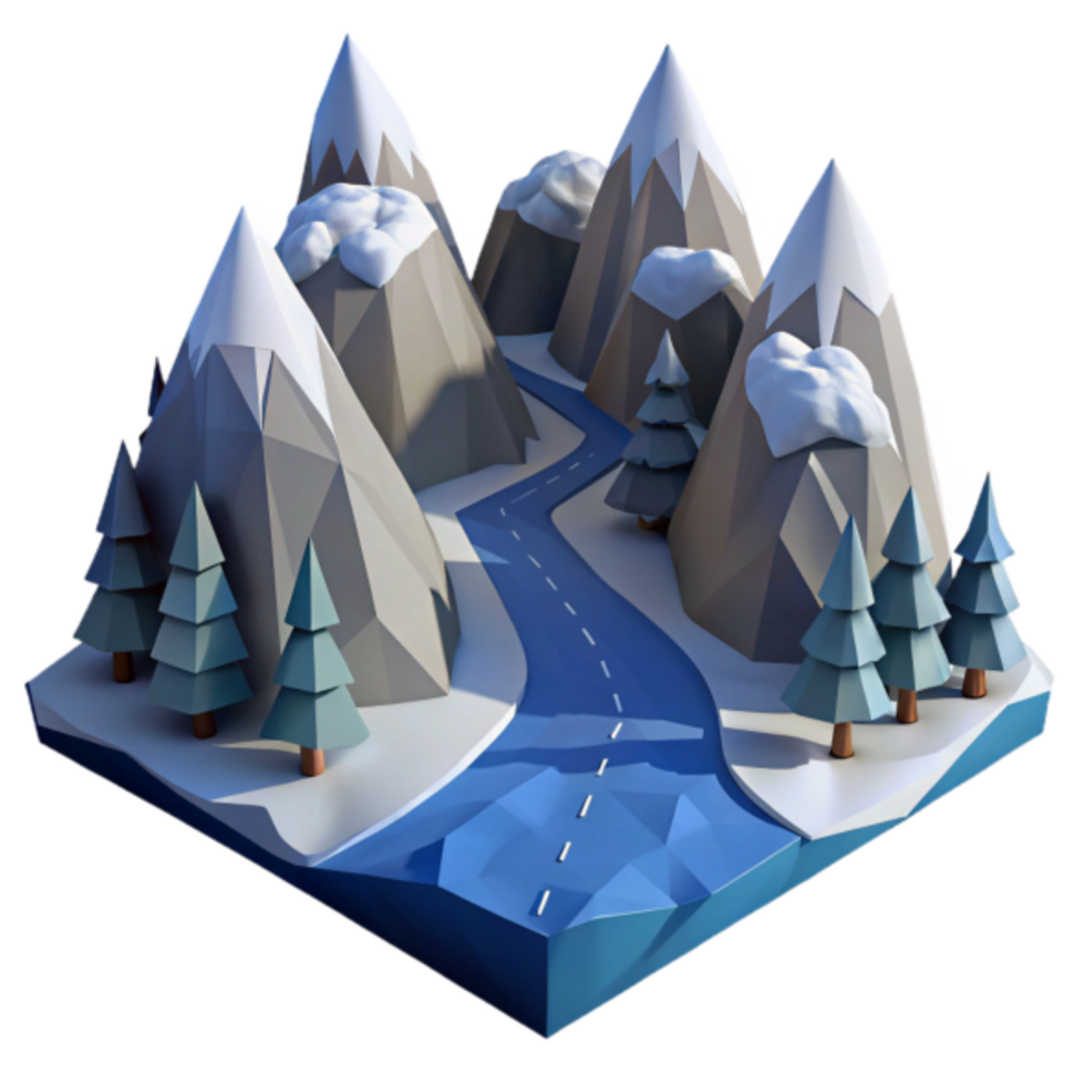Winter Mountain Landscape 3D Render Low Poly Snowy Peaks, Winding Road, and Evergreen Trees png