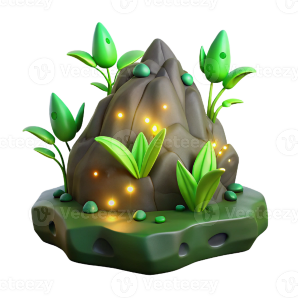 Enchanted 3D Rock Formation with Glowing Lights and Lush Greenery Illustration png