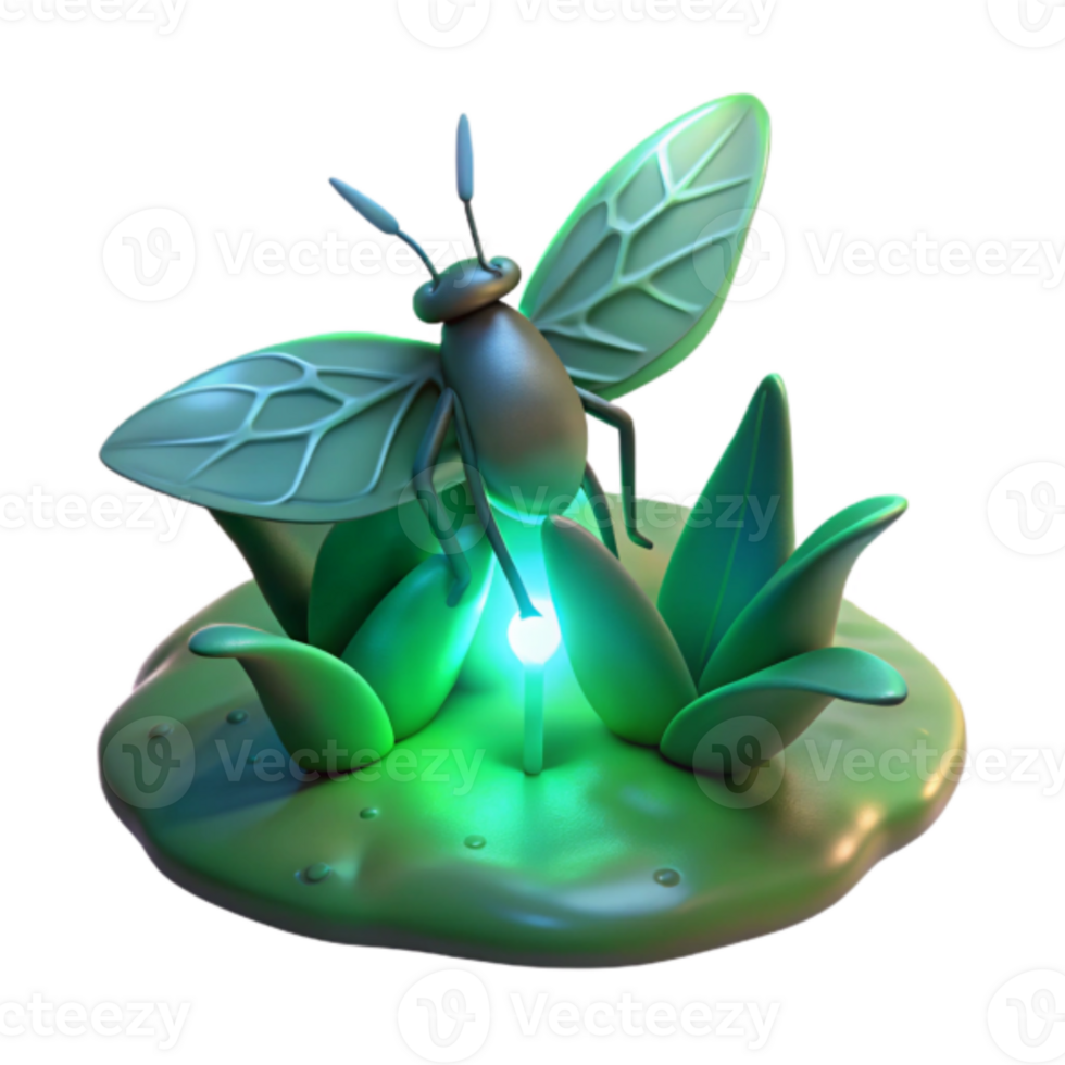 3D Render Firefly Insect on Glowing Plant Illustration png