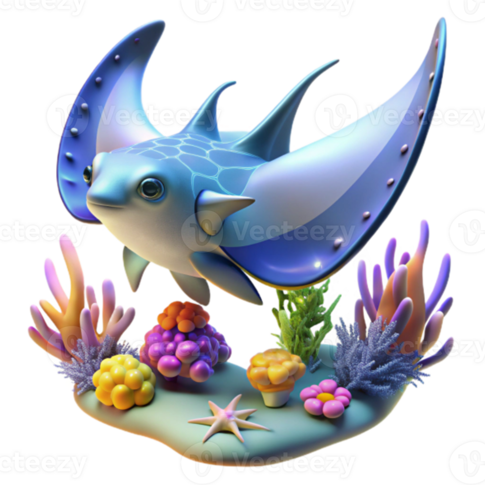 Adorable 3D Render of a Cartoon Stingray in Vibrant Coral Reef png