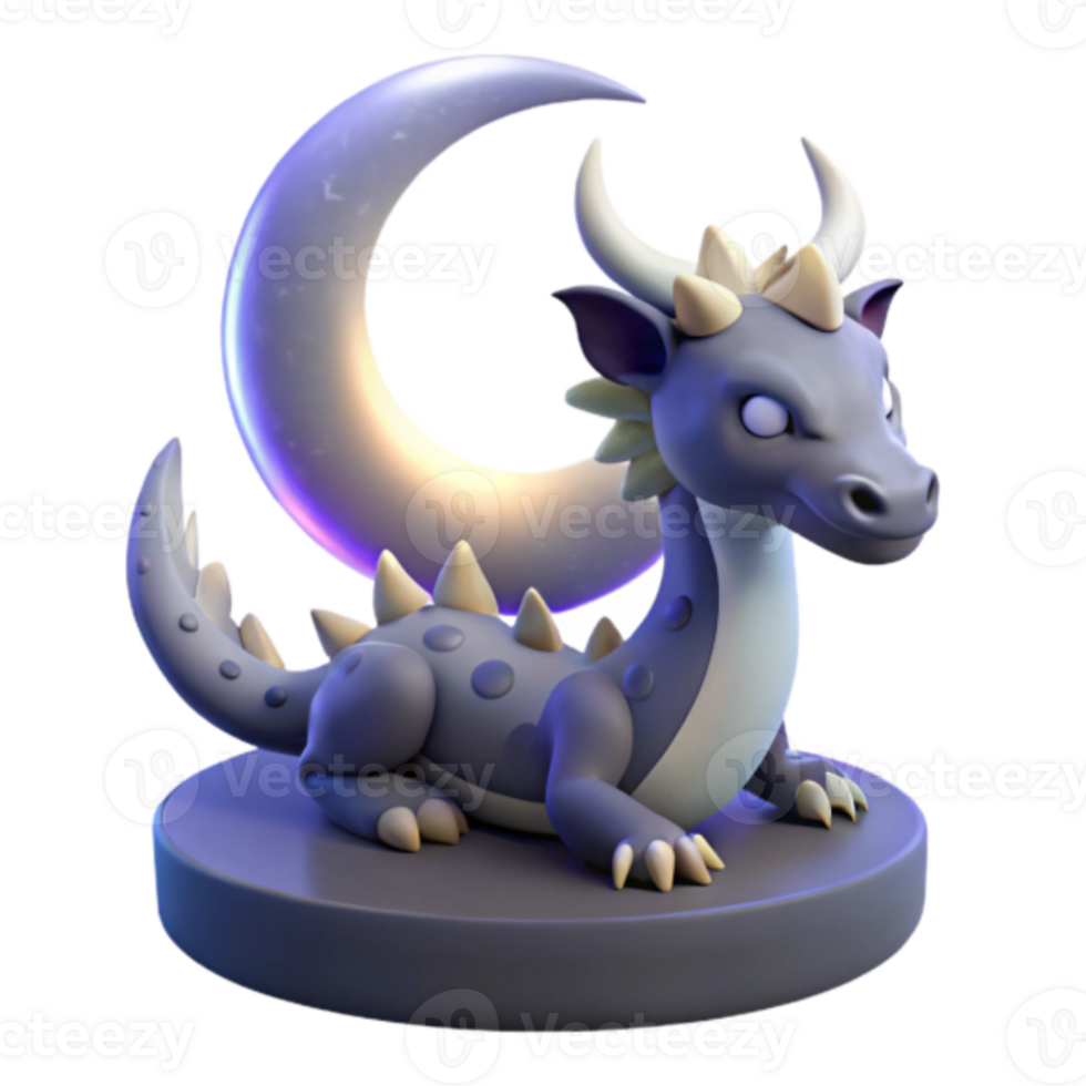 adorável bebê Dragão 3d render com crescente lua fundo png