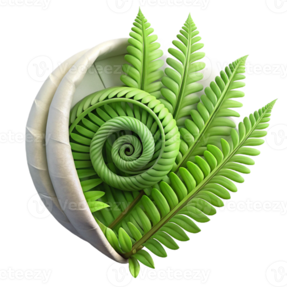 3D Render of Lush Green Fern Spirals in White Cradle png