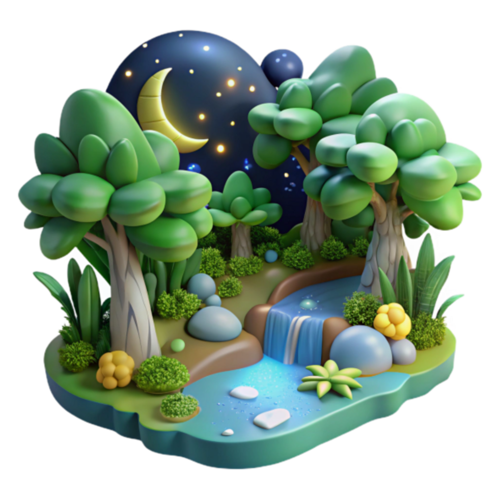 Enchanted 3D Night Forest Waterfall Illustration Lush Greenery, Moonlit Stream, Cartoon Trees png