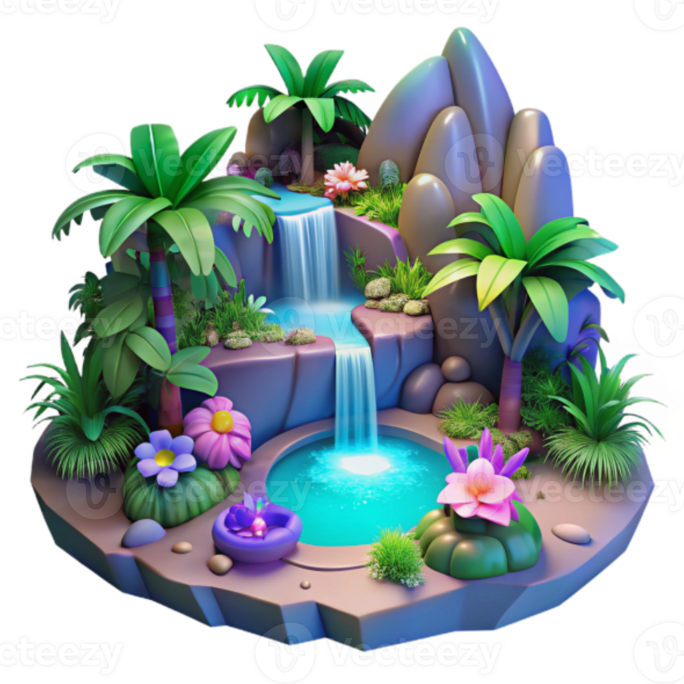3D Cartoon Waterfall Paradise Island Scene Game Asset png
