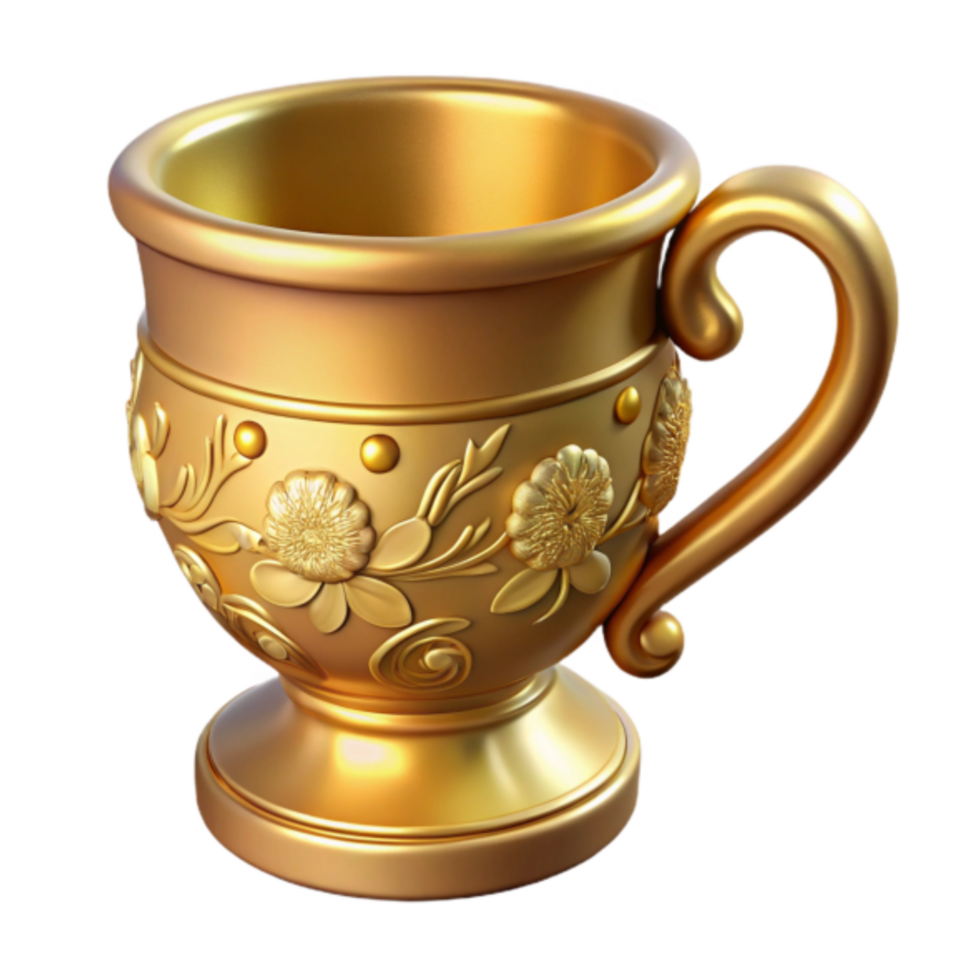 Ornate Golden Chalice 3D Render, Elegant Floral Design, Luxury Goblet, Intricate Carving, Golden Cup, 3D Model, Premium Quality, High-Resolution Image, Detailed Texture, Reflective Surface png