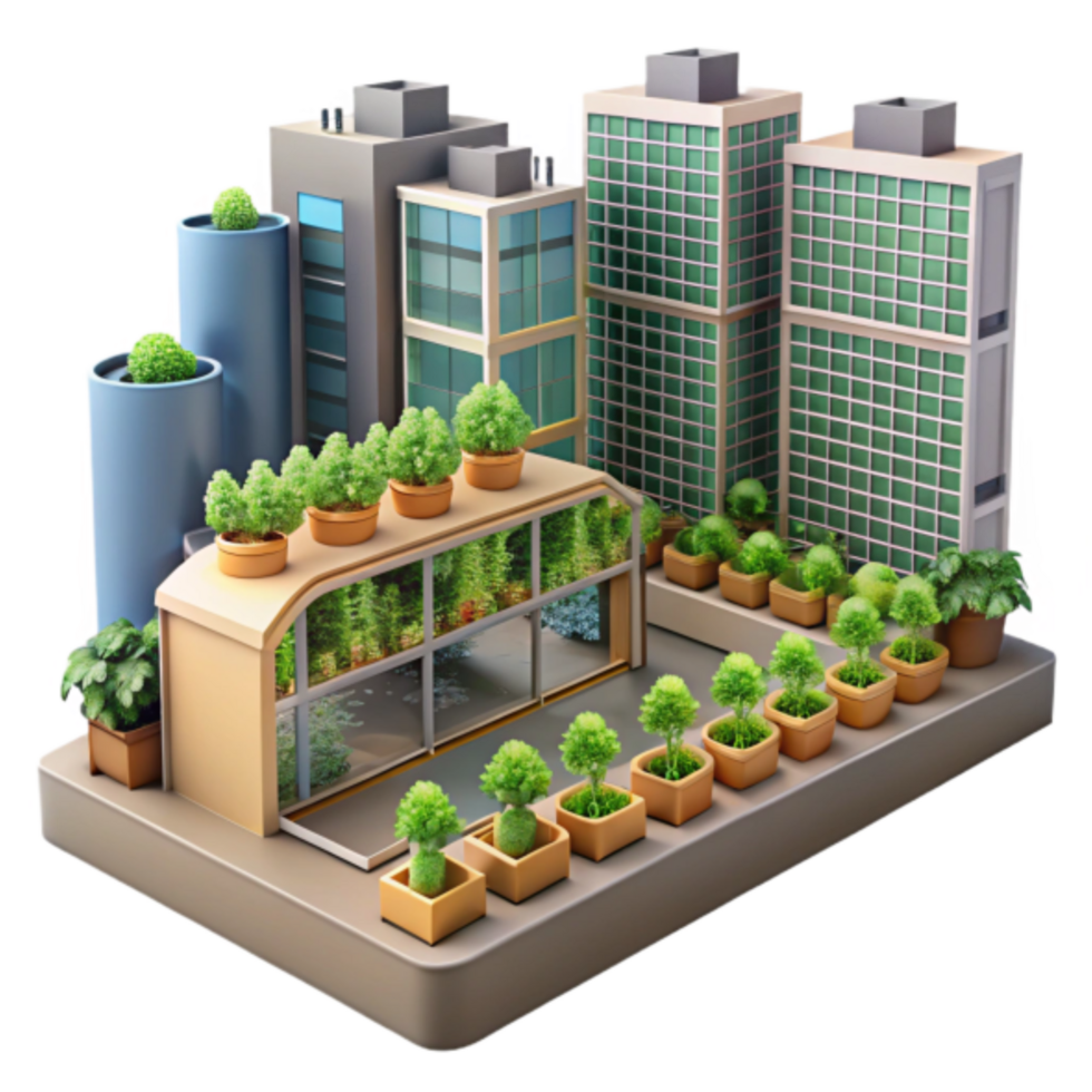 Urban Farming Rooftop Greenhouse 3D Illustration Green Buildings Sustainable Cityscape png