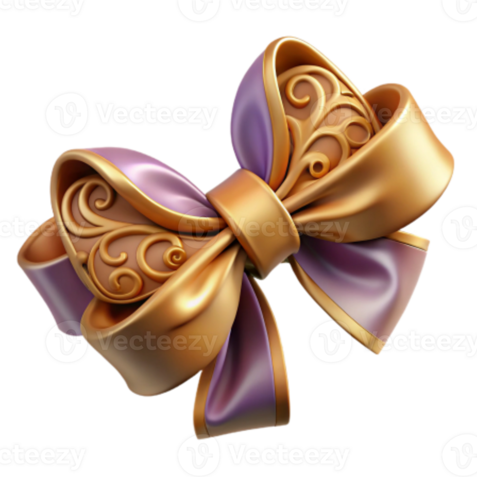 Elegant 3D Render of a Golden and Purple Bow with Ornate Detail png