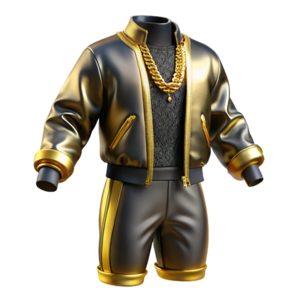 3D Render Gold and Black Fashion Outfit Stylish Bomber Jacket and Shorts png