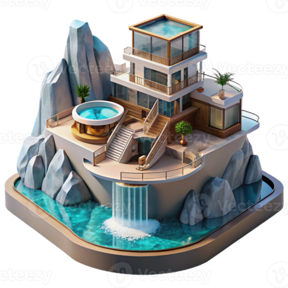 Luxury Cliffside Villa 3D Model, Waterfall, Pool, Modern Architecture png