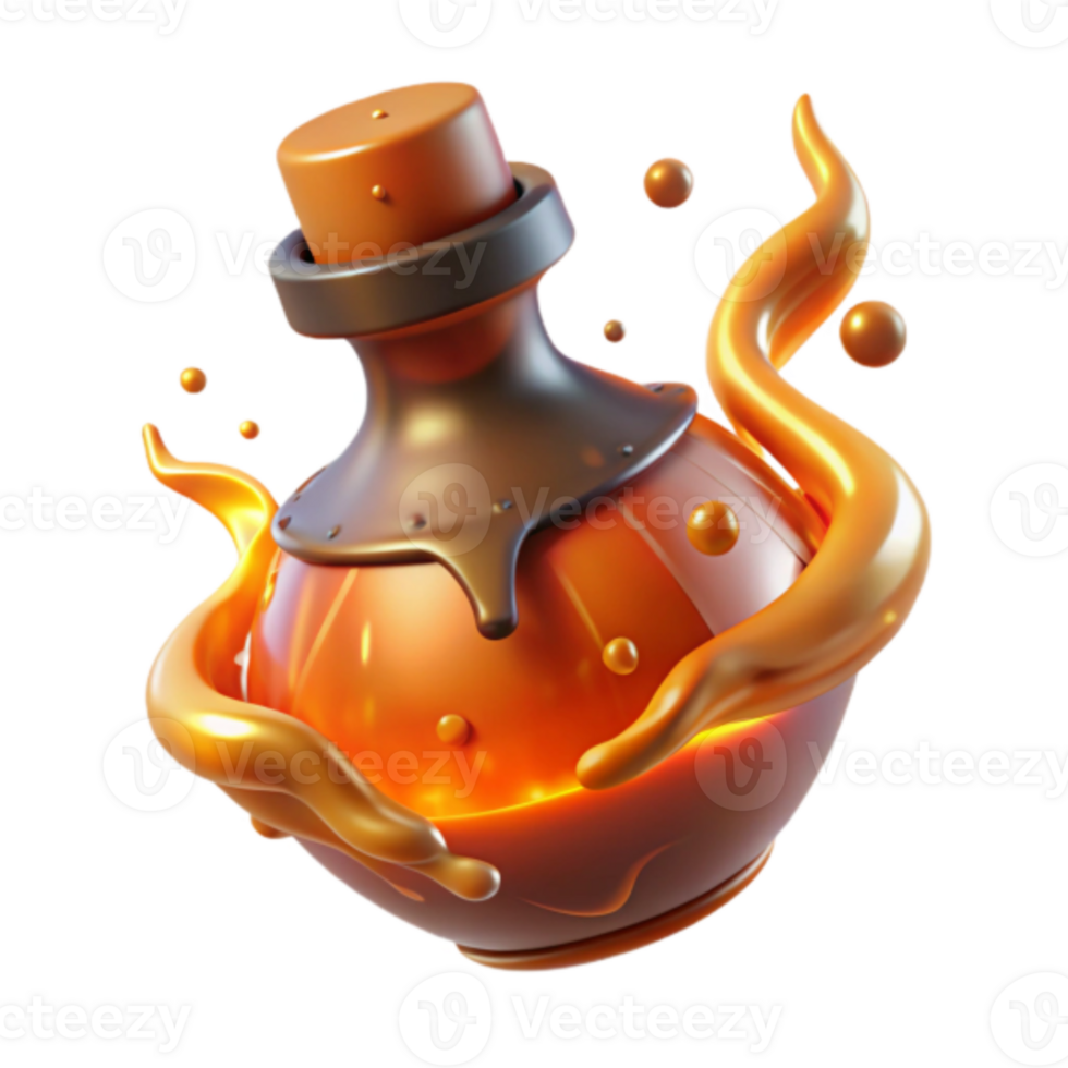 Glowing Amber Potion Bottle 3D Render, Fantasy Elixir, Magical Liquid, Game Asset, Orange Liquid, Surreal 3D Illustration png
