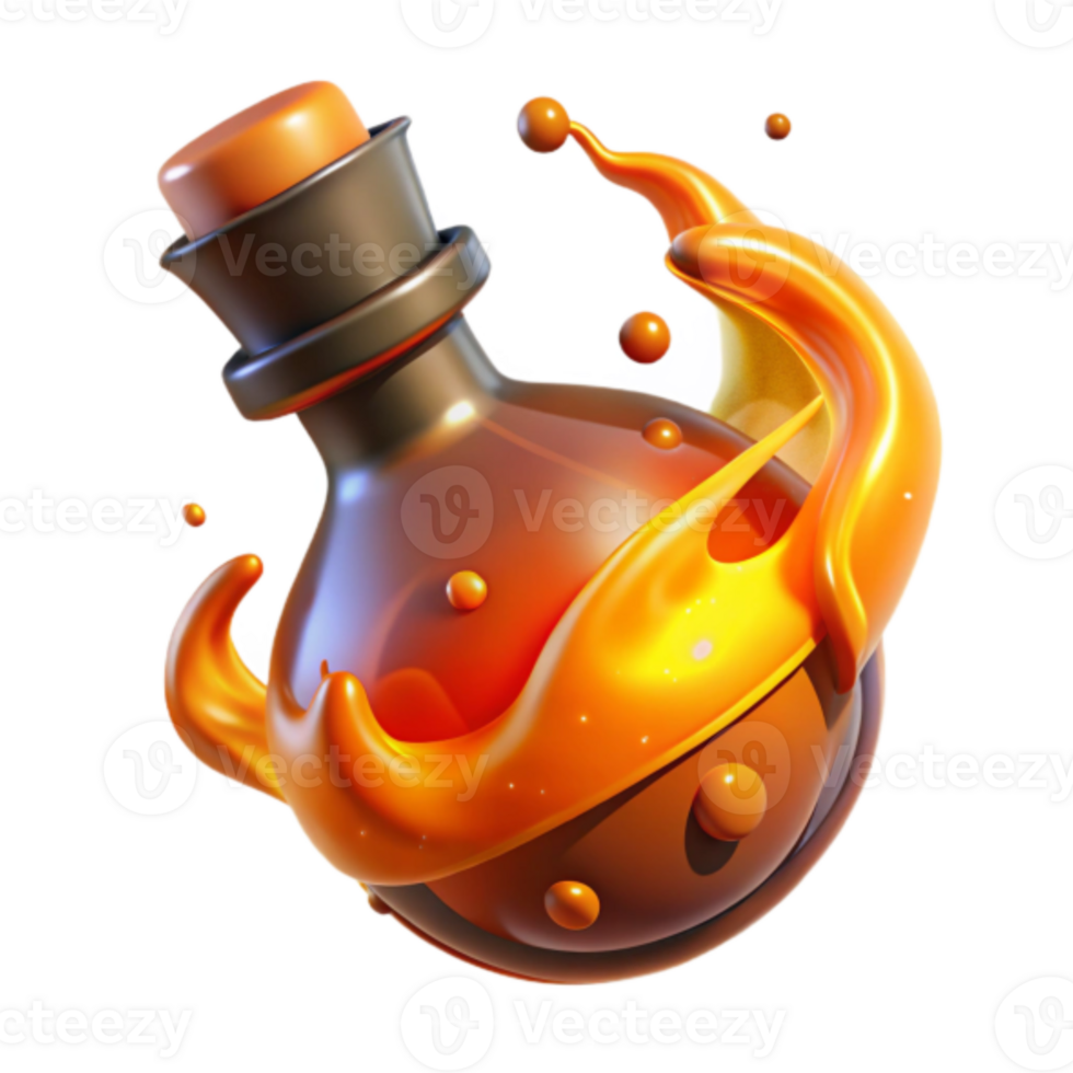 3D Render of Amber Elixir Bottle with Splash, Fantasy Potion, Game Asset png