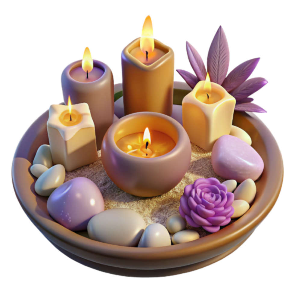 Serene Spa Candles 3D Illustration Tranquil Relaxation Scene with Lit Candles, Stones, and Flowers png