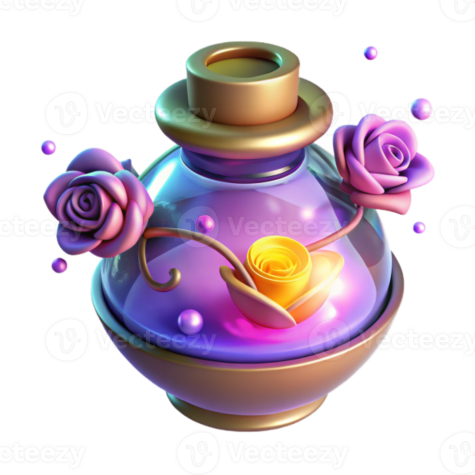 Enchanted 3D Render of a Glass Potion Bottle with Roses png