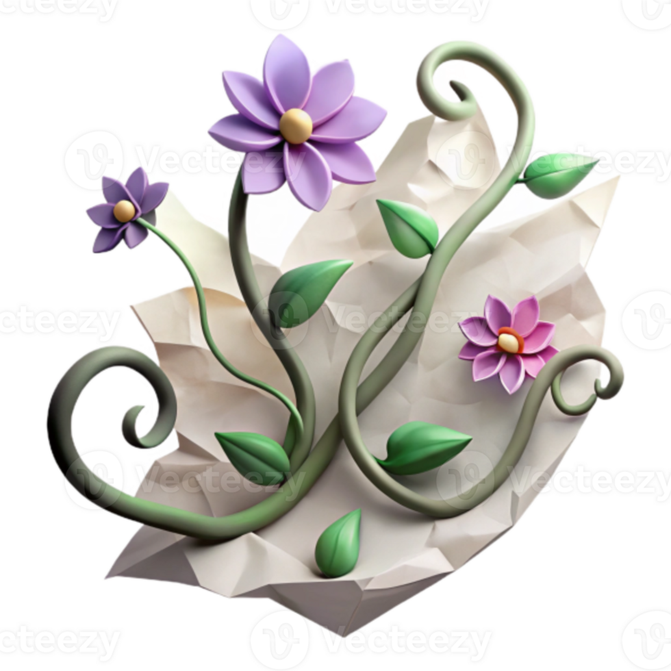 3D Render of Whimsical Flowers and Vines on Crumpled Paper Background png