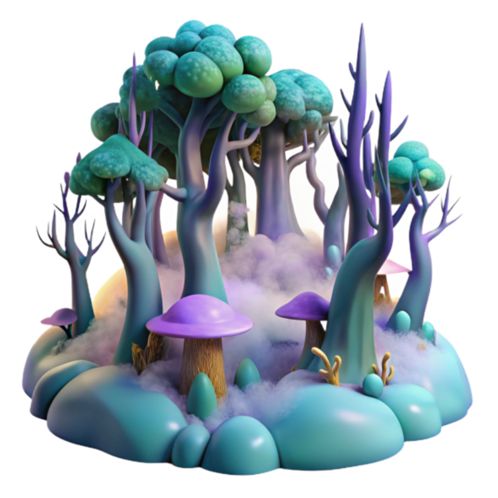 Enchanted 3D Forest Illustration Fantasy Trees, Mushrooms, and Cloudscape png
