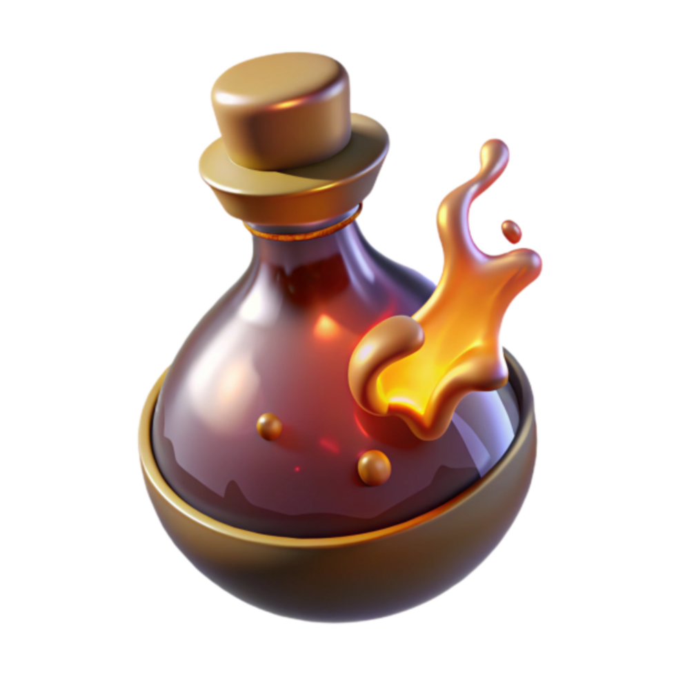 3D Render of a Magical Potion Bottle with Golden Lid and Splashing Liquid png