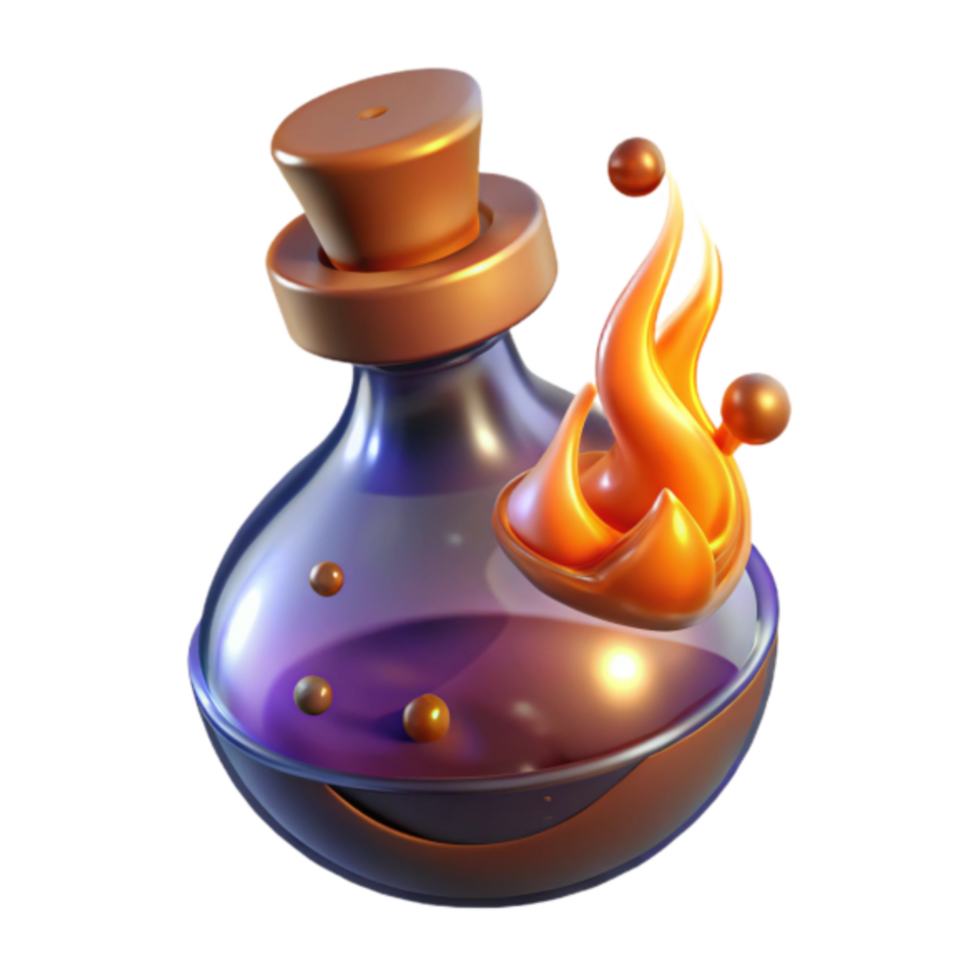 3D Render Flaming Potion Bottle, Fantasy Elixir Graphic Resource png