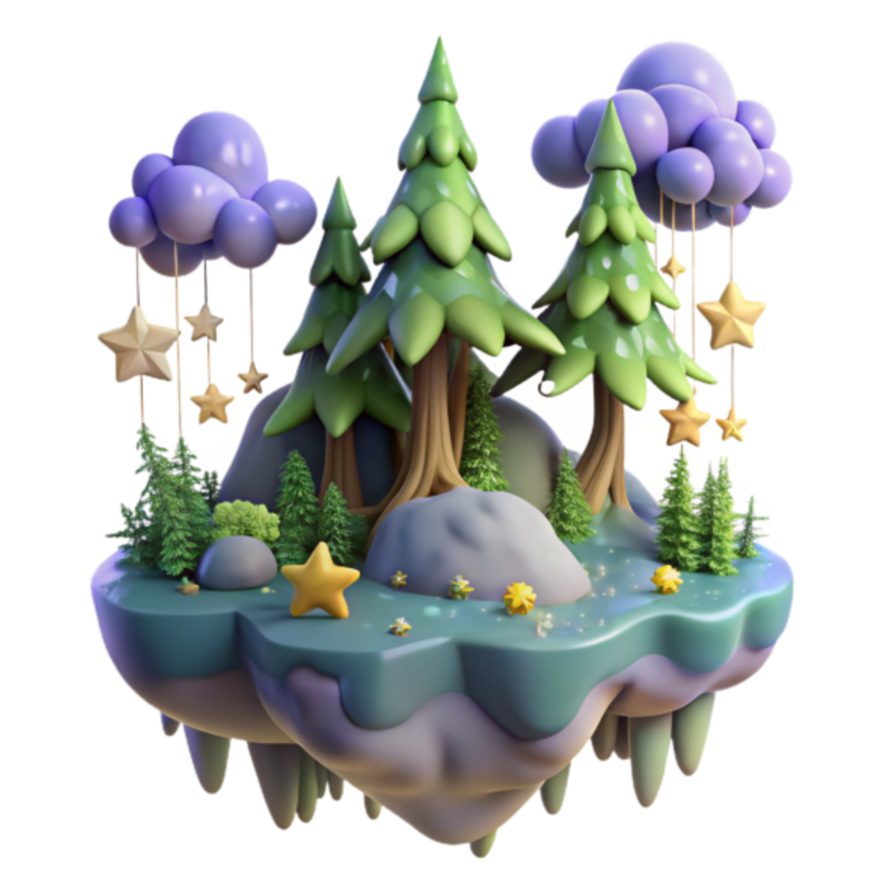 Enchanted 3D Island Fantasy Forest Illustration Floating Trees, Stars, and Clouds png