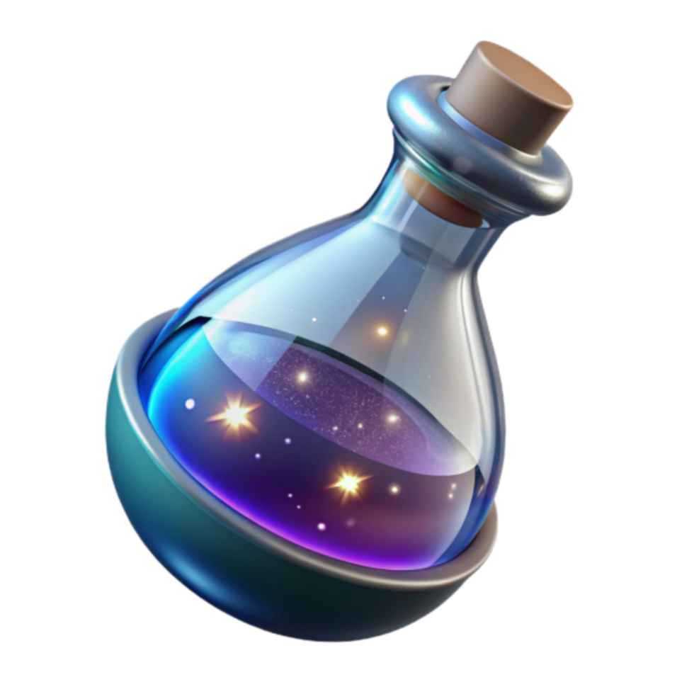 Cosmic Elixir 3D Render A Mystical Glass Bottle Filled with Glowing Nebula and Stars png