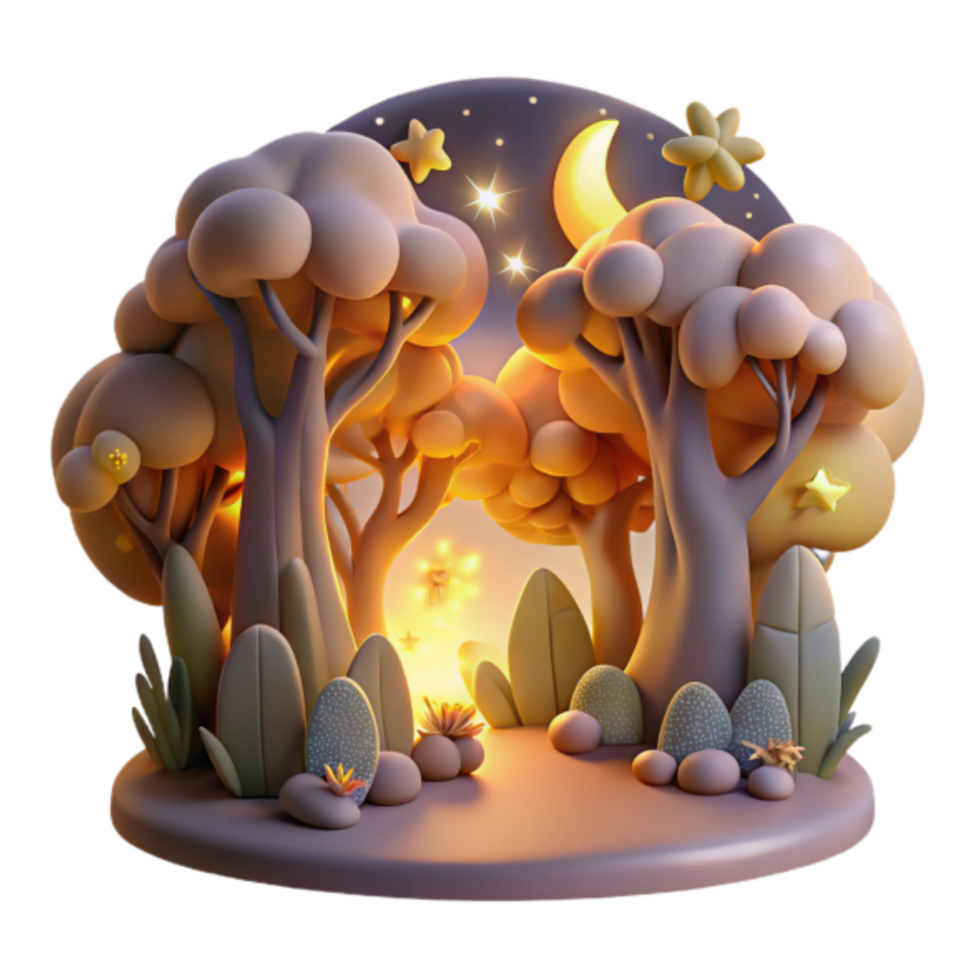 Enchanted 3D Night Forest Illustration, Magical Trees, Stars, Moon, Glowing Lights png