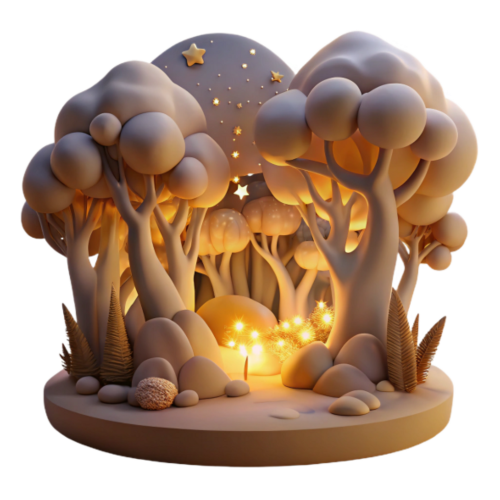 Enchanted 3D Forest Illustration Night Scene with Glowing Fireflies png