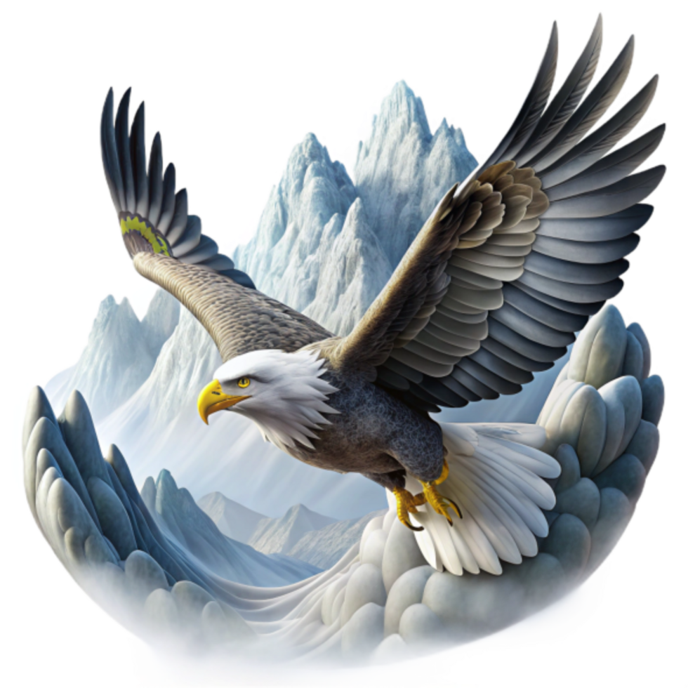 Majestic Bald Eagle Soaring Above Snowy Mountains, 3D Illustration png