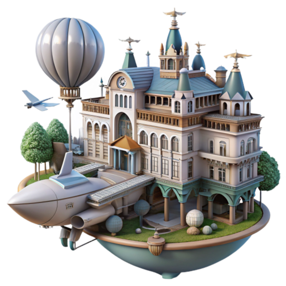Whimsical Floating Island 3D Render Palace Illustration with Airship and Plane png