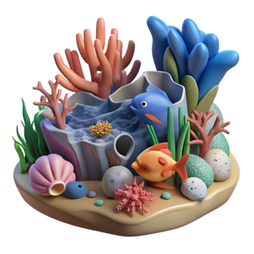 Vibrant 3D Render of an Underwater Scene with Cartoonish Coral Reef, Fish, and Seashells png