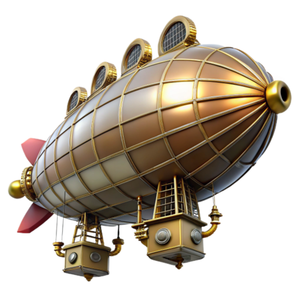 Golden Airship 3D Render, Steampunk Zeppelin Illustration png