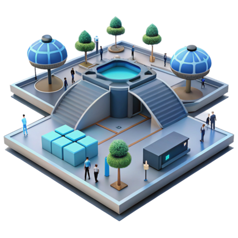 Futuristic 3D Isometric Illustration of a Modern Plaza with Geometric Structures, Blue Cubes, and Greenery png
